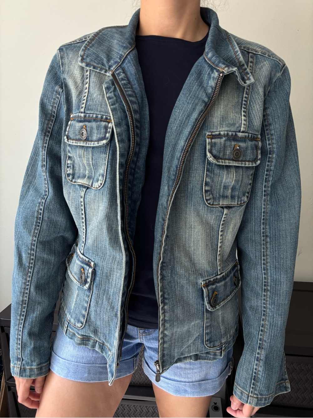 Y2K Blue Streetwear Preppy Zip Up Biker Denim Jacket - Size Large - Extra Large